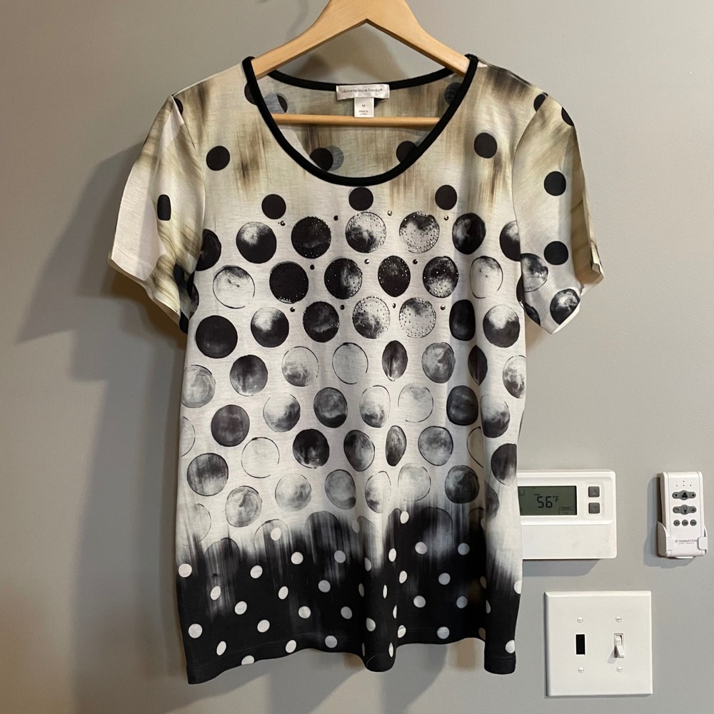 Christopher & Banks Top Medium Black White Polka Dot Rhinestone Embellished